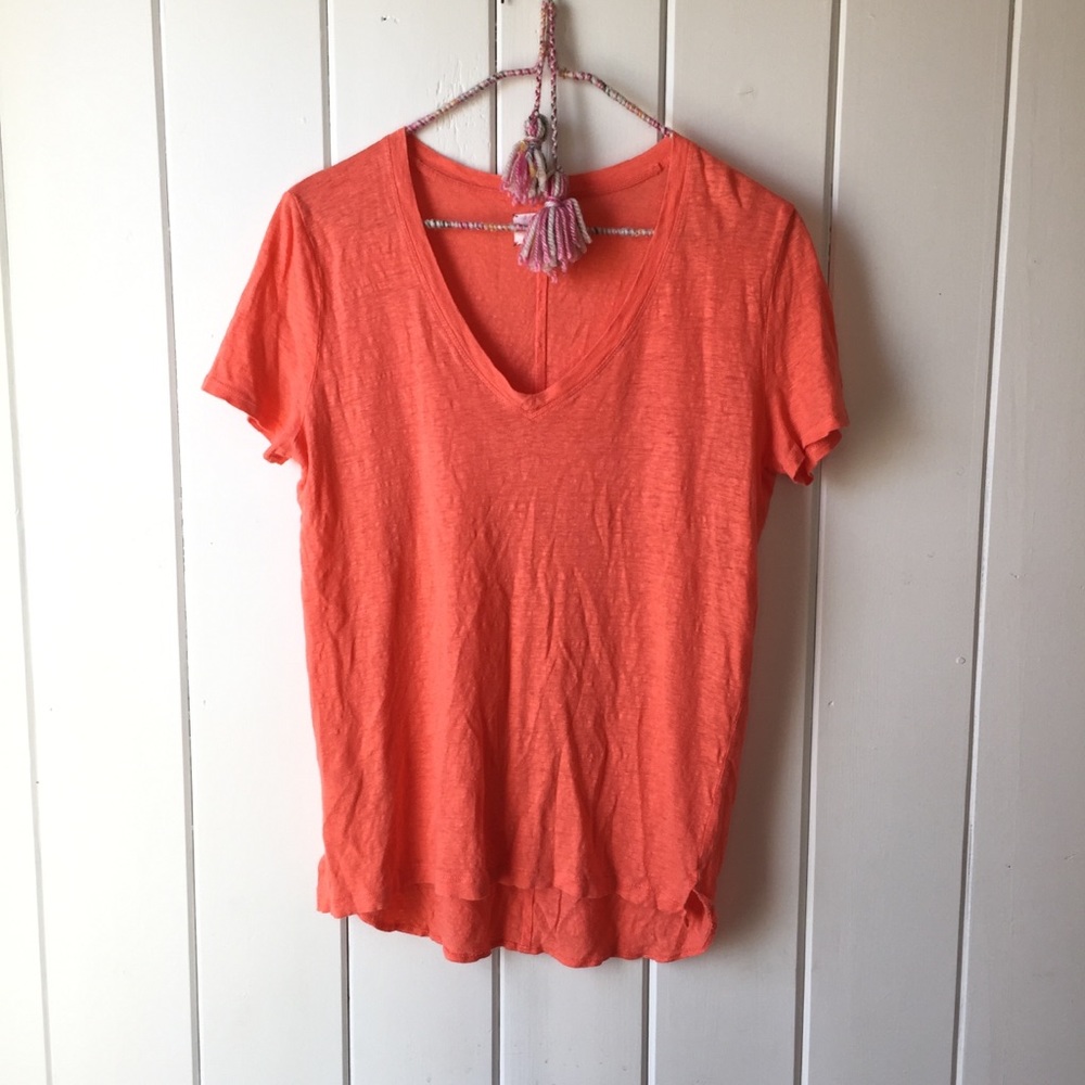 Lou & Grey Orange Linen V-Neck T Shirt Medium